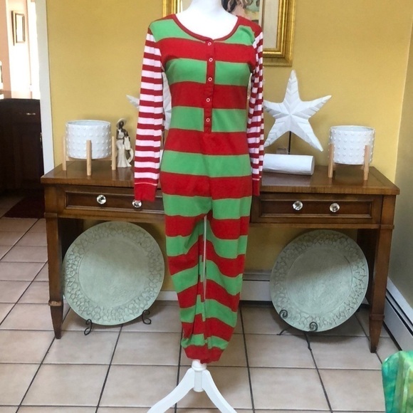 Wonder Shop @ Target Red Green & White Striped Christmas Holiday Elf Jumpsuit Md - Picture 1 of 10